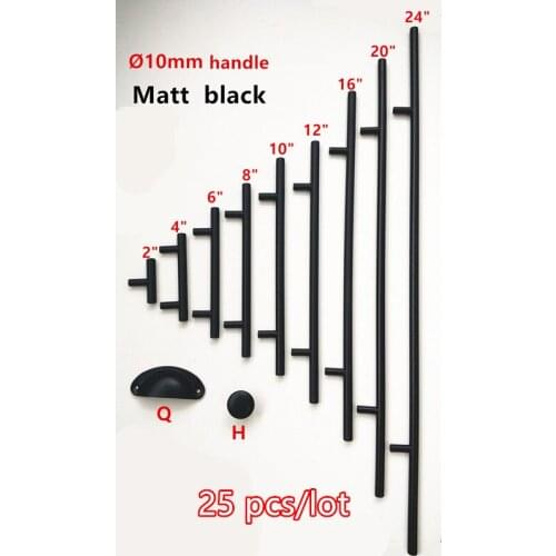 25 pcs/lot Diameter 10mm Matt Black Stainless Steel Kitchen Door Cabinet T Bar Handle Pull Knob 2" ~ 24