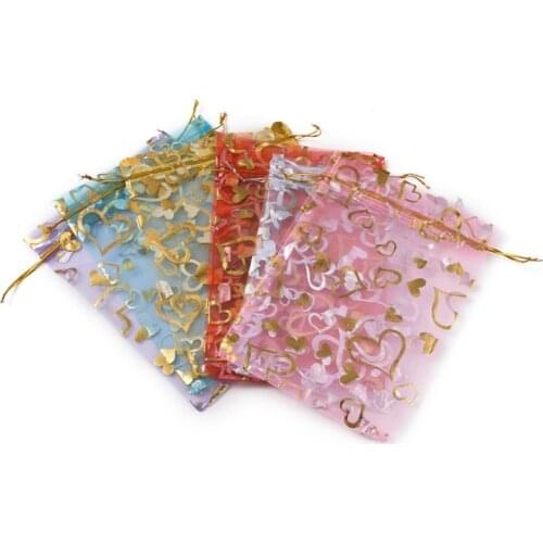 30pcs/set Heart Printed Drawstring Organza Bags 18x13cm Mixed Color Wedding Favour Gift Bag Rectangle Jewelry Packaging Pouches