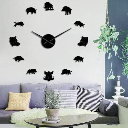 3D Sus Scrofa Wild Boar Figures Wall Art Mirror Stickers DIY Giant Mute Wall Clock Wild Pig Large Hanging Watch Hunter Gifts