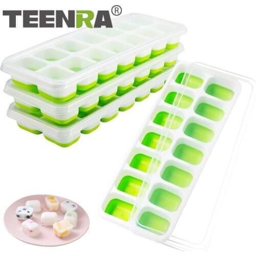 TEENRA 4Pcs Ice Cube Trays Lid Silicone Ice Cube Mold Cover 14 Ice Trays Maker With Lid Plastic Cocktail Party Bar Accessories