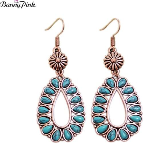 Banny Pink Multi Turquoises Drop Earrings For Women Bohemia Stone Statement Dangle Earrings Indian Waterdrop Drop Earring Brinco