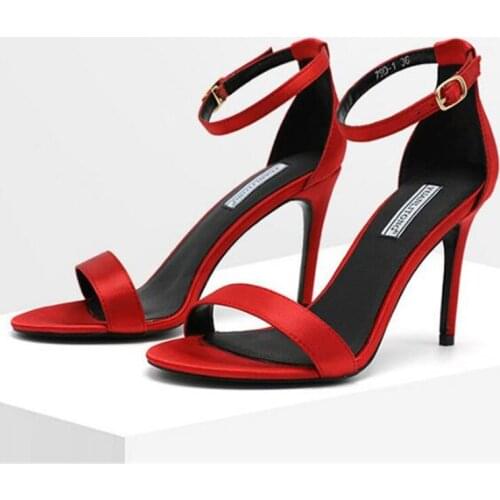 Women Sandals Women High Heels Sandals Summer Shoes Silk Buckle Strap 9CM Thin High Heels Round Toe Shallow Cover Heel black red