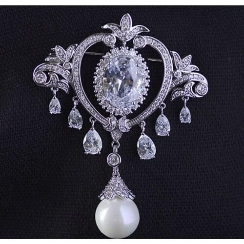 Zlxgirl Brand Bridal jewelry metal copper Clothing scarf pins jewelry nice pearl wedding flower pin brooch free Velvet bags