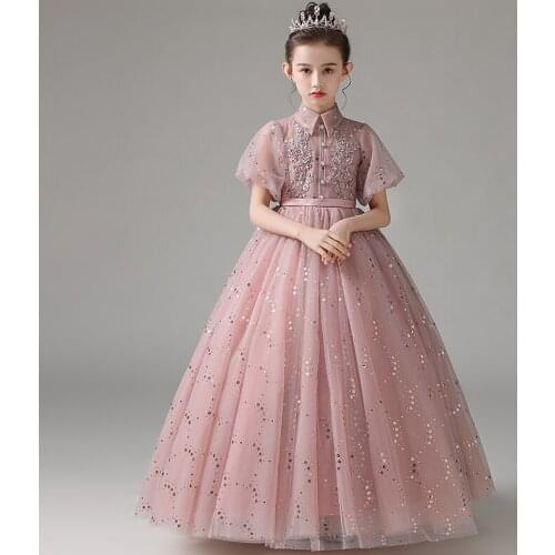 Flower Girl Dresses Appliques Princess Lace Sequined Beading Pearls Embroidery White Ball Gown Short Tulle Kid Party Skirt H095