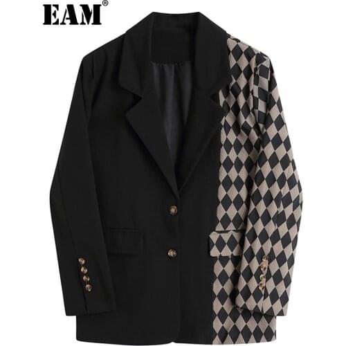 [EAM]Women Vintage Black Plaid Stitching Blazer New Lapel Long Sleeve Loose Fit Jacket Fashion Tide Spring Autumn 2021 1DA745