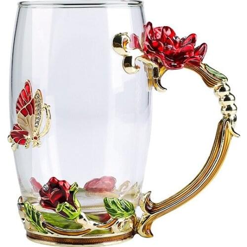 Hand-made Enamel Coffee Mug Crystal Cup Milk Lemon Flower Tea Cup High-grade Drinking Glasses Gift Couple Mug For Lover Wedding