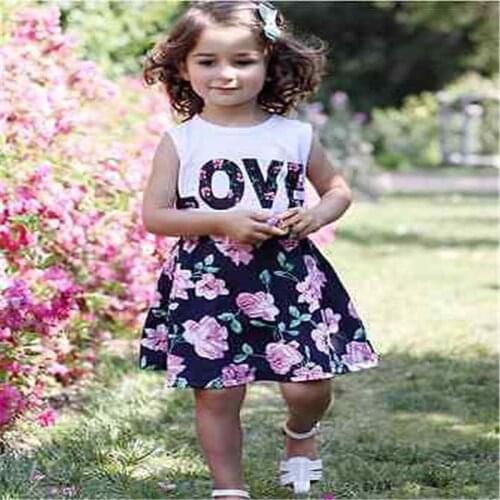 2 Piece Set Toddler Kids Baby Girls Outfits Love Print T Shirt Tops+Floral Skirt Summer Clothes Set