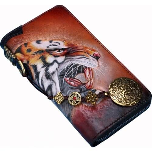 High-end Handmade Genuine Leather Wallets Carving Tiger Bag Purses Men Long Clutch Vegetable Tanned Leather Wallet Gift