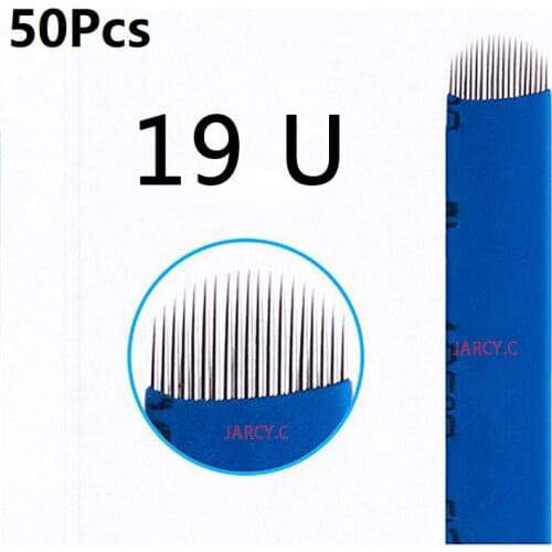 50Pcs 19U Microblading Blades Permanent Makeup Eyebrow Tattoo Needles Blue U Shape Tattoo Blade For Manual Embroidery Tattoo Pen