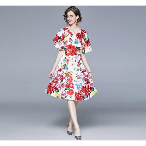 LUKAXSIKAX 2021 New Spring Summer Women V-Neck Half Sleeve Dress High Quality Gorgeous Flowers Print Elegant Dress