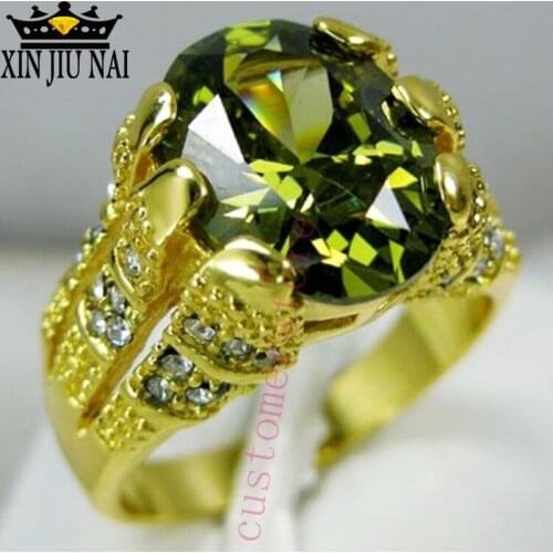 New Fashion Male Peridot Oval Finger Ring Luxury Big Crystal Zircon Stone Ring 14KT Yellow Gold Promise Engagement Rings For Men