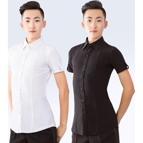 Latin Dance Clothes Men Tops Short Sleeves Black Ballroom Shirt Prom Wear Male Tango Cha Cha Competition Standard Dance Top 3420