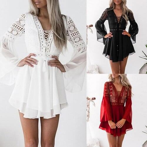 Casual White Tassel Dress Long Sleeve Dress Fashion V-Neck Solid Color Lace Tassel Hollow Out Dresses vestido de mujer