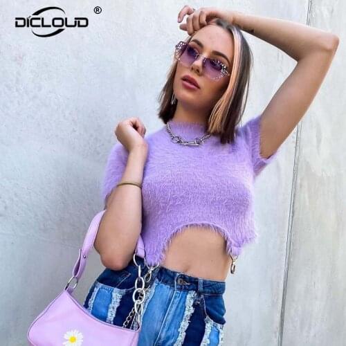 Harajuku Y2k Girls Fuzzy Knit Crop Top Women Summer Skinny Tops Tees T-shirt Gothic Punk Street Fashion Mink Knitted T Shirts