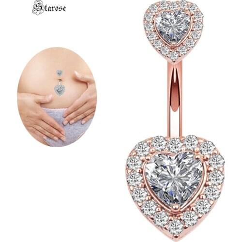 Starose 14G Crystal Heart Belly Piercing Nombril Rose Gold Bar Earrings Surgical Steel Navel Rings Belly Button Piercing Jewelry