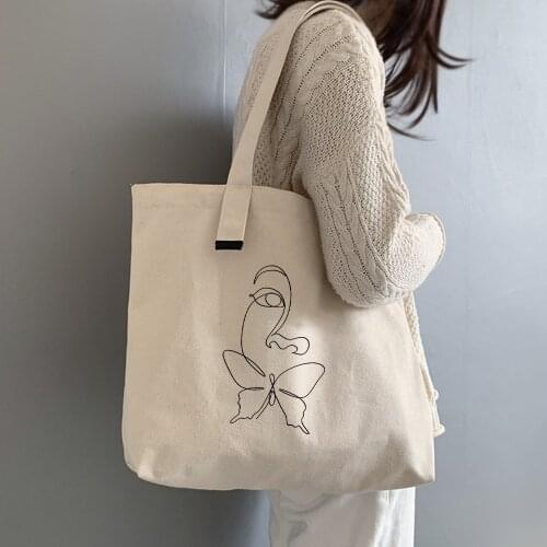 Shopper Aesthetic Line Printing Female Cotton Cloth Handbag Tote Harajuku Kawaii Reusable Shoulder Bags Kpop Women Canvas Bag