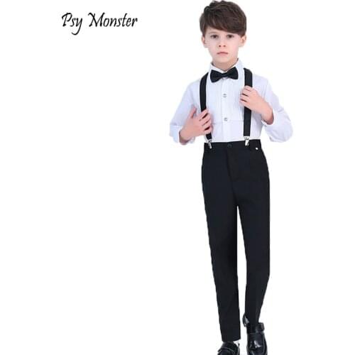 Wedding Suit For Boys Kids Formal Prince student Dress Gentleman Kids Strap Shirt Pants Bowtie 4Pcs ceremony Costumes