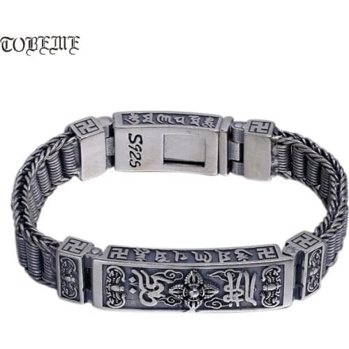 Handmade Thai Silver Tibetan OM Six Words Bracelet Real 925 Silver Tibetan Dorje Bangle Buddhist Vajra Symbol Bracelet