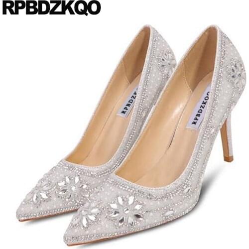 Pointed toe evening crystal shoes women 2019 high heels pumps glitter silver diamond rhinestone stiletto jewel size 33 ladies