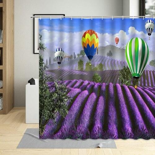 Spring landscape Shower Curtain Country Flowers Lavender Tulip Windmill Hot Air Balloon Plant Scenery Bathroom Polyester Curtain