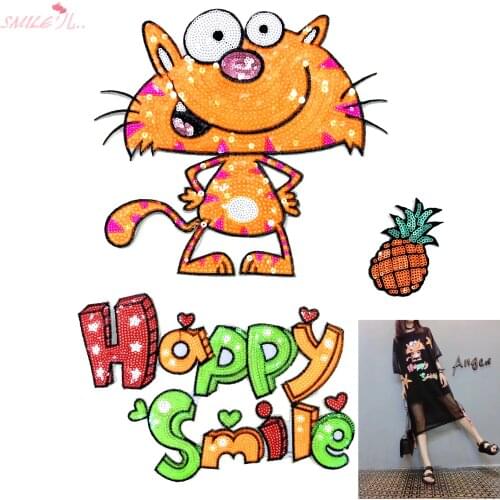 Embroidery iron on sequined cute cat patch,letters patches,heart appliques patches DIY accessory for clothing