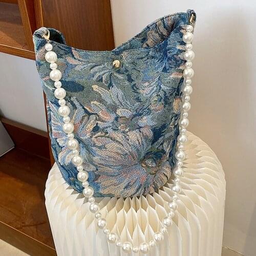 Pearl Shoulder Bag Women 2021 Bucket Corssbody Bags Fashion Oil Painting Flower Printed Handbag Lady Designer Totes Shopper Bag