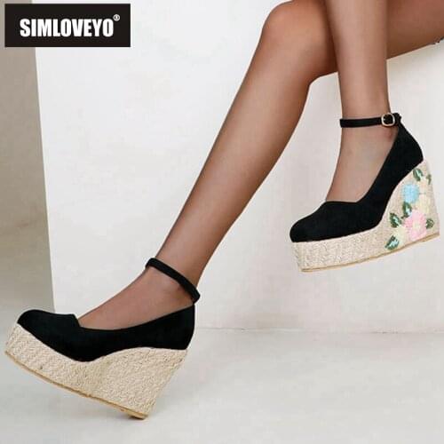 SIMLOVEYO New 2021 Women Pumps Round Toe 12.5cm High Wedges Heels Flock Buckle Flower Stylish Platform Big Size 48 Casual A3711