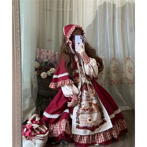 The Little Red Riding Hoods Dessert Cabinet Womens Lolita Long Sleeve Dress & Hooded Red Cape Cute Girl Winter Set