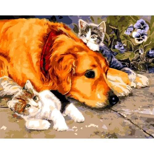 Animal Oil Painting Dog And Cat On Canvas Handmade Color Acrylic Paints For Adults Drawing By Number DIY Craft Kits Decor Art