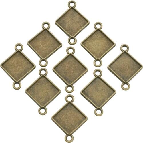 10pcs Square Vintage Tibetan Alloy Rhombus Cabochon Connector Bezel Settings for DIY Jewelry Making Tray: 15x15mm 23x32x2mm