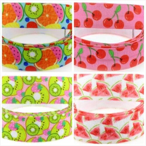 5/8"16mm Fruit Series Watermelon Cherry Kiwifruit Printed Fold Over Elastic Ribbon Hair Band Making 50yards/roll