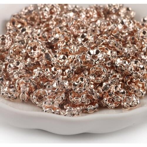 50pcs Rose Gold Wave Side Metal Rhinestone Rondelle Austiran Crystal Big Hole Loose Spacer Beads For Jewelry Making DIY Supplies