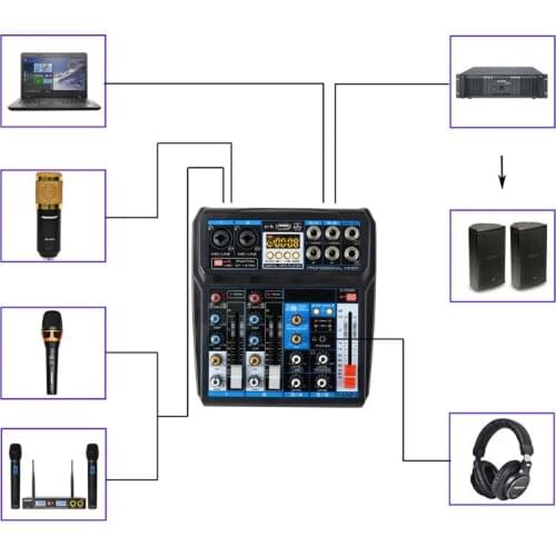 6-Channel Audio Mixer with USB Interface Bluetooth DSP Sound Effects Sound Mixing Console for USB Record K-song Professional