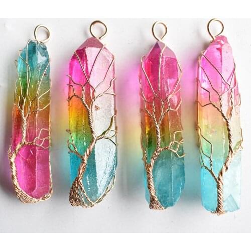 7 Chakra Crystal Natural Rainbow Stone Quartz tree of life Pendant Necklace Reiki Healing Chakra Jewelry Wholesale 4Pcs/Lot free