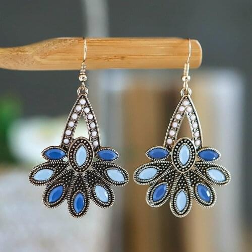 Bohemia Summer Gypsy Blue Leaf Earring For Women Ethnic Retro Plant Beaded Rhinestone Dangling Earrings Turk Jewelry