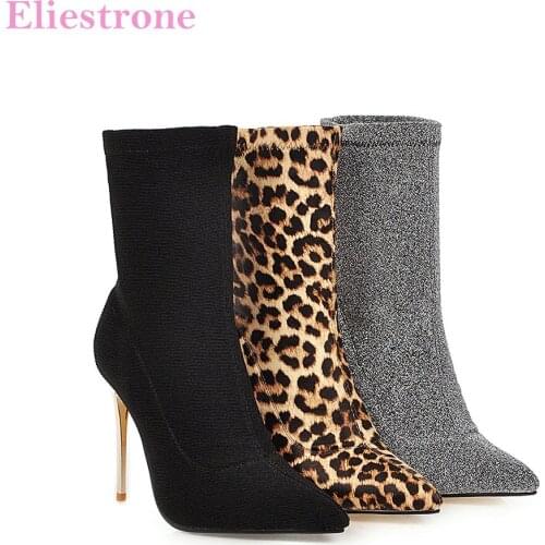 Brand New Glamour Black Silver Women Ankle Boots Vouge High Thin Heels Lady Evening Shoes LY12 Plus Big Size 10 43 45 48