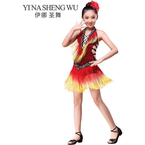 New Children Latin Dance Dress For Kids Handmade Beads Tassel Strapped Designs Girls Latin Dress Sexy Latin Dance Practice Skirt