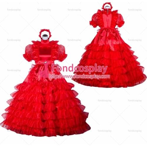 Fondcosplay adult sexy cross dressing sissy maid long French Red Organza Satin dress lockable lolita TV Tailor-made[G4024]