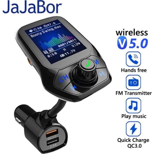 JaJaBor FM Transmitter Bluetooth 5.0 Carkit Handsfree AUX Audio MP3 Player Quick Charge QC3.0 Large Screen Display FM Modulator