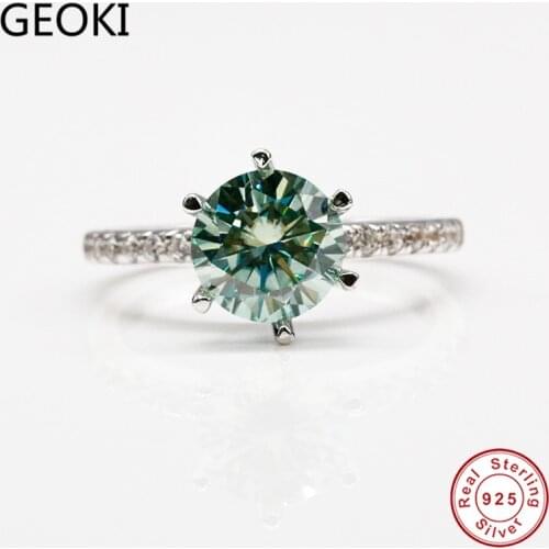 Geoki Passed Diamond Test 1-3 ct Perfect Cut Green Moissanite Ring 925 Sterling Silver Round Emerald Engagement Rings for Women