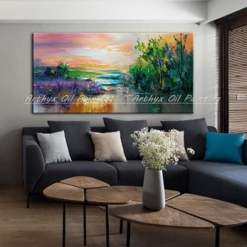 Arthyx Large Size Hand Painted Knife Tree Landscape Oil Paintings Modern Canvas Wall Art Picture For Living Room Home Decoration