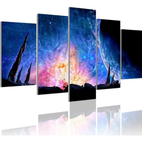 Space Galaxy Planet Fantasy 5 Panels DIY Wood Frame Canvas Painting Poster Wall Art Print Picture Living Room Home Decoration