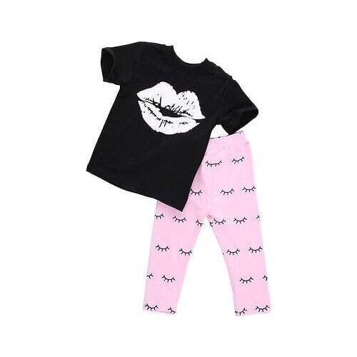 2pcs suit!!Top Newborn Infant Kids Baby Girls bigt lips printed short sleeve T-shirt +long Pants Outfits Clothes Set