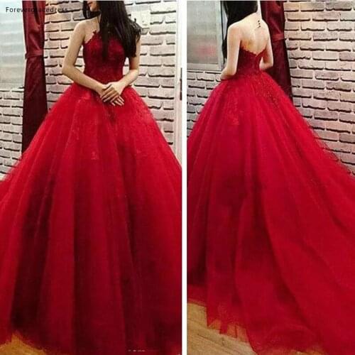 Red Ball Gown Evening Dress High Quality Lace Tulle Sweet 16 Long Girls Party Gown Plus Size Custom Made