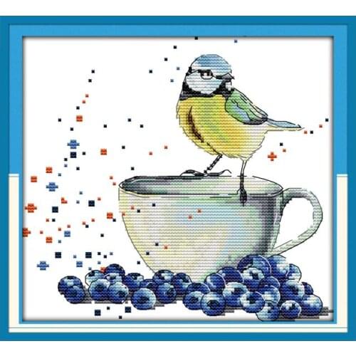 Bird and blueberry cross stitch kit aida 14ct 11ct count print canvas stitches embroidery DIY handmade needlework