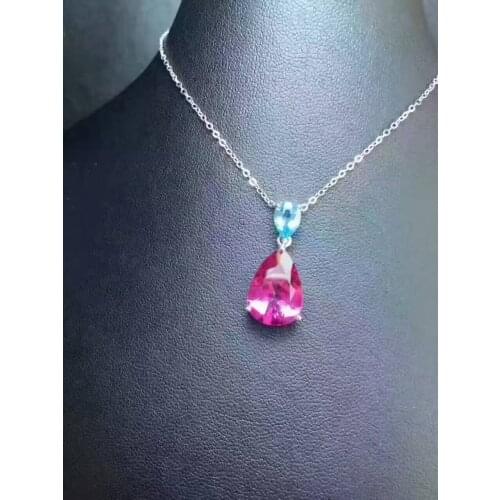 Natural red blue topaz gem Necklace Natural gemstone Pendant Necklace 925 sliver Elegant Fashion simple water Girl gift Jewelry