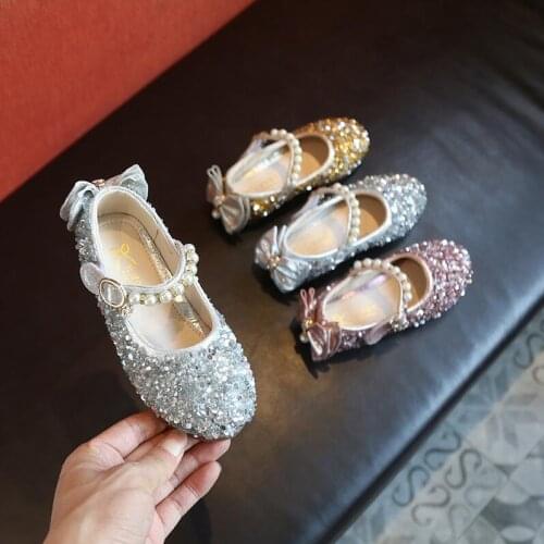 New Korean Style Childrens Shoes Girls Crystal Sequin PU Leather Shoes Princess Soft Sole Performance Sneakers