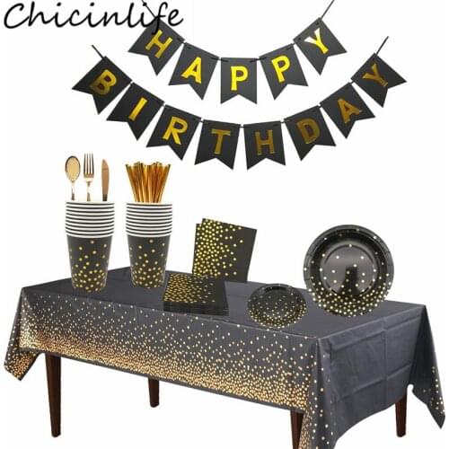 Black Gold Dot Disposable Tableware Paper Plates Cups Napkins Tablecloth Happy Birthday Party Baby Shower Wedding Decor Supplies