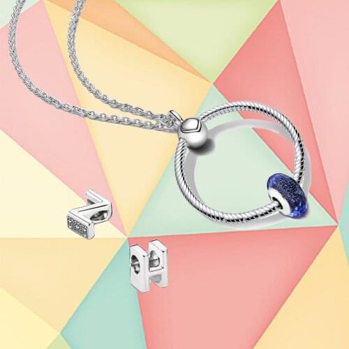 New High Quality 100% 925 Silver Blue Glass Letter Necklace Set, Fashionable Lady Diy Necklace, Exquisite Jewelry Romantic Gift