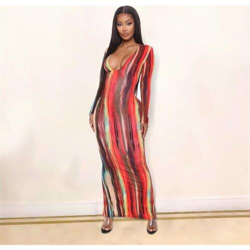 CHRONSTYLE Multicolor Tie Dyeing Print Striped Dress 2021 Sexy Women Long Sleeve Deep V-neck Fall Autumn Bodycon Long Maxi Dress